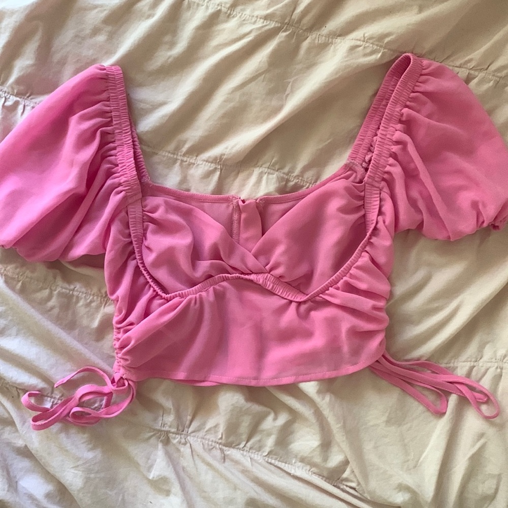 Pink puff sleeve tie crop top bustier zipper